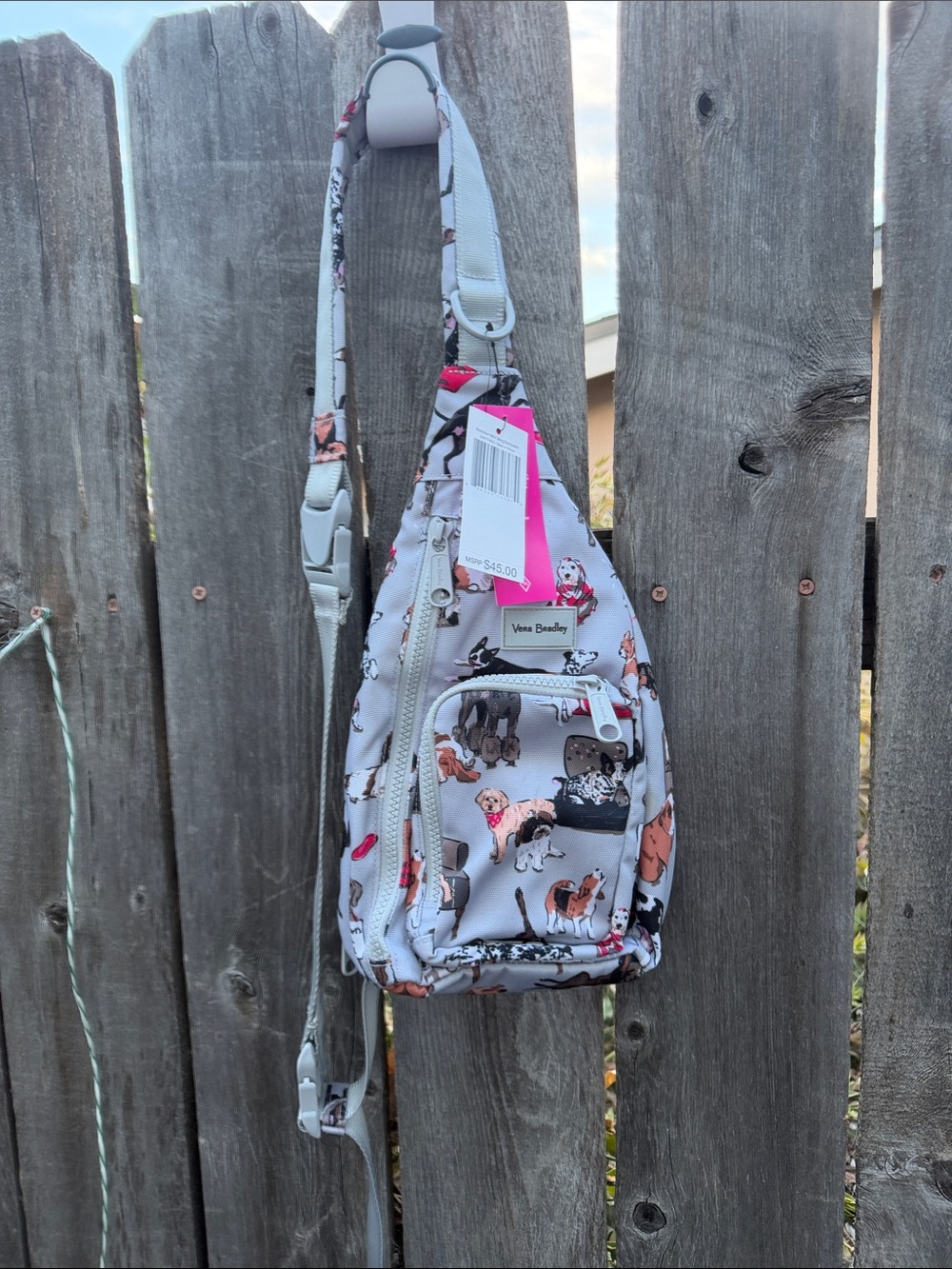 Vera Bradley White Dog Print Crossbody Sling Bag with Pink Tag